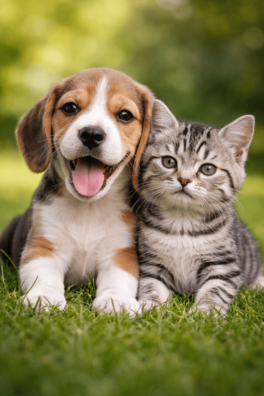 Happy puppy and kitten sitting together